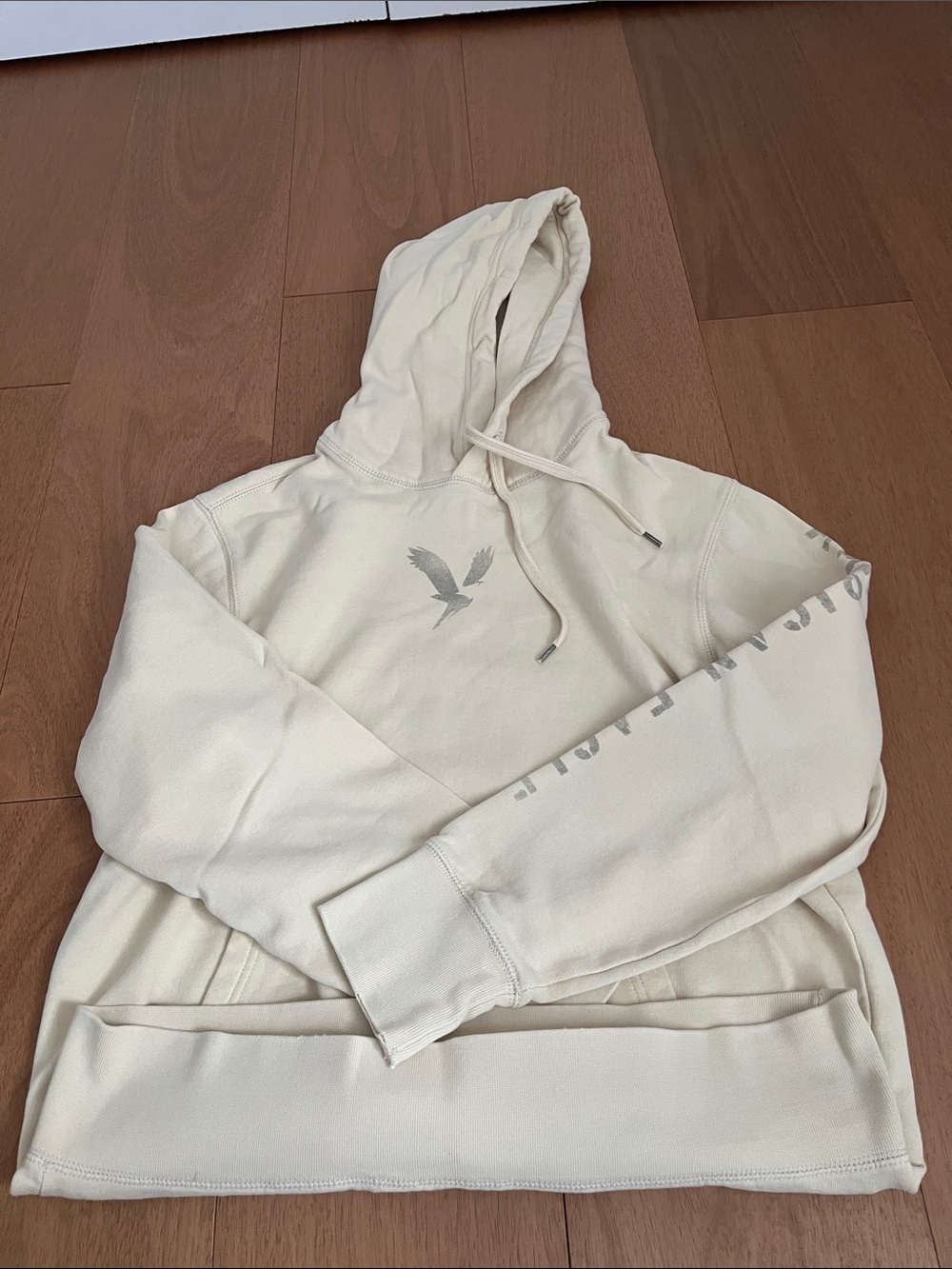 American Eagle Outfitters Cream Pullover Hoodie with Small Bird Logo